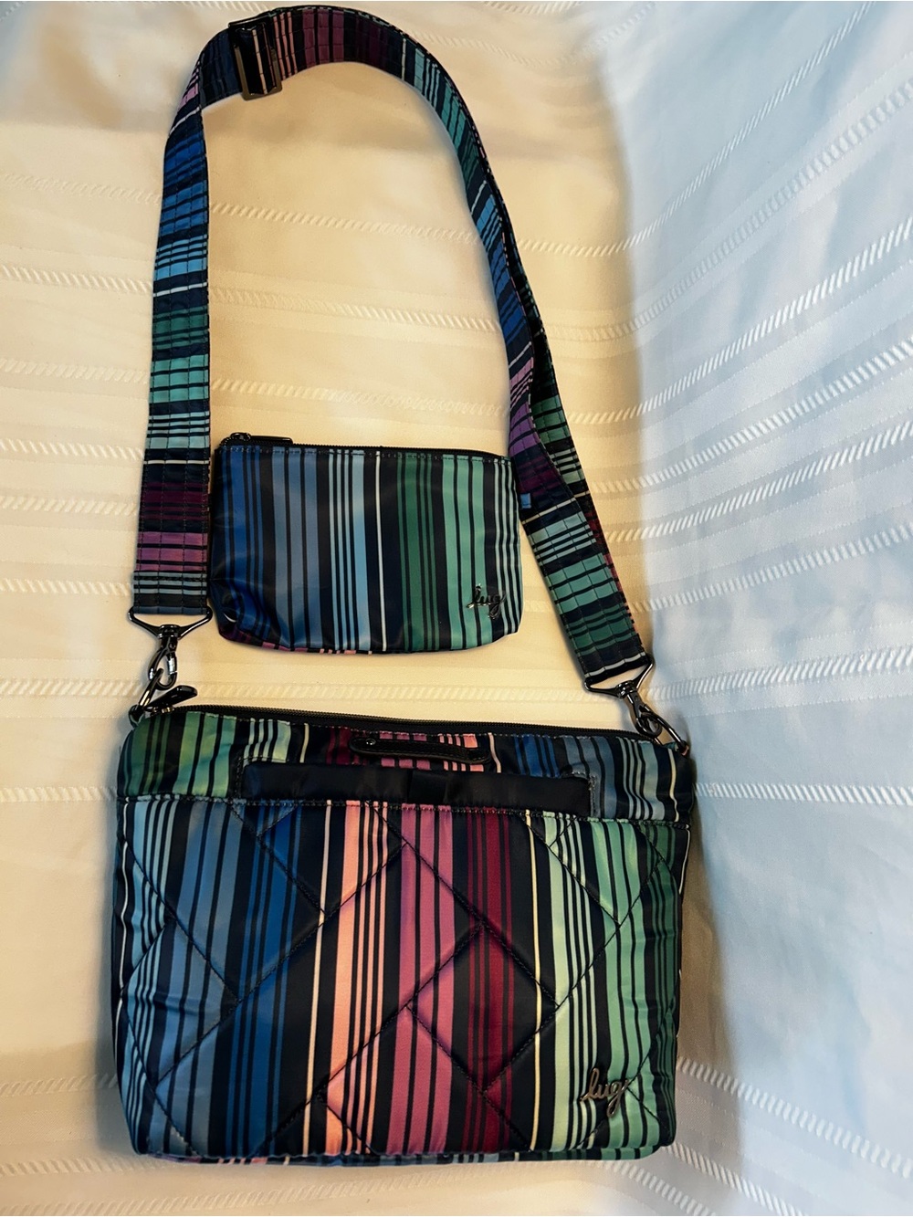 Lug Flare 2 Crossbody Bag Pouch Set Love Stripes Purple Pink Adjustable Strap